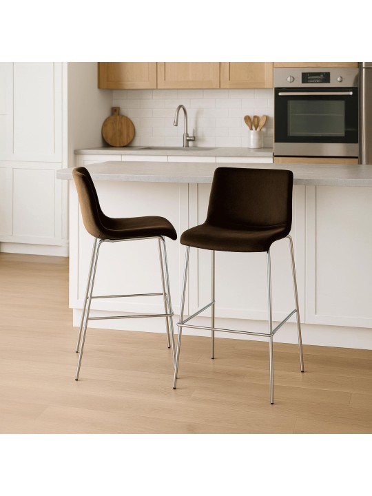 Tabouret de bar Hoover velours 4 pieds chrome, brun Tabouret de bar Hoover velours 4 pieds chrome, brun