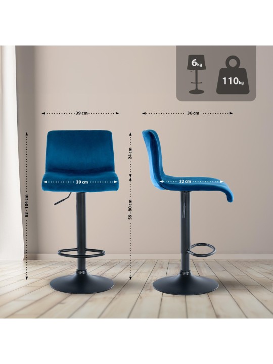 Tabouret de bar Hoover velours B, bleu