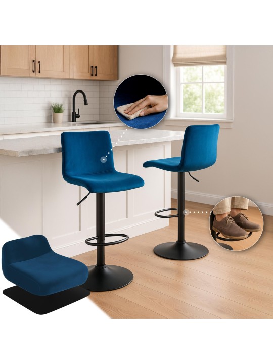 Tabouret de bar Hoover velours B, bleu