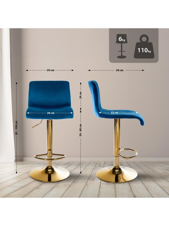 Tabouret de bar Hoover velours G, bleu