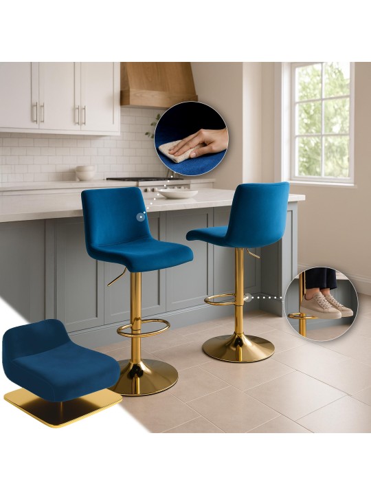 Tabouret de bar Hoover velours G, bleu