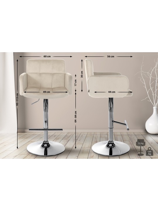 Lot de 2 tabourets de bar Los Angeles velours chrome, crème