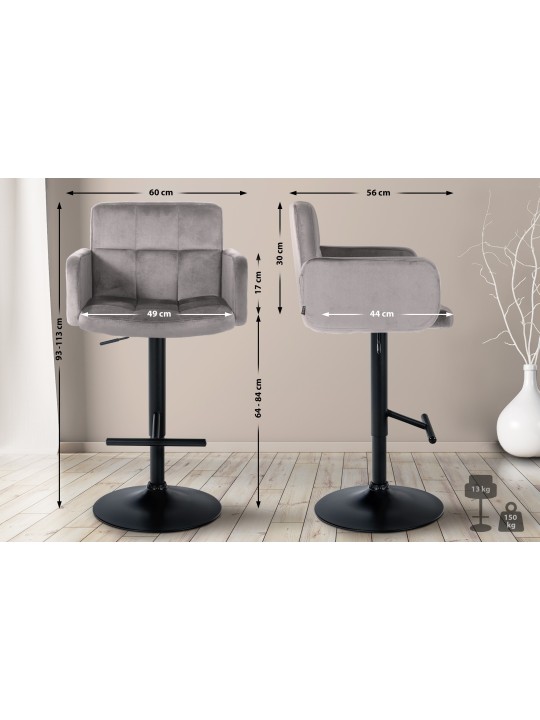 Lot de 2 tabourets de bar Los Angeles velours, gris