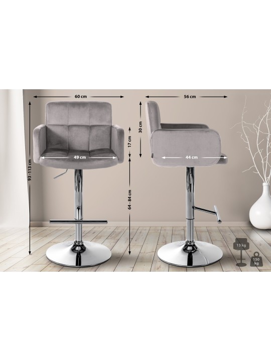 Lot de 2 tabourets de bar Los Angeles velours chrome, gris