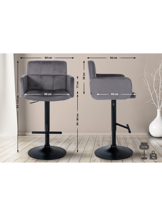 Lot de 2 tabourets de bar Los Angeles velours, gris foncé Lot de 2 tabourets de bar Los Angeles velours, gris foncé