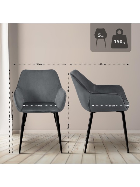 Lot de 2 chaises de salle à manger Vessa velours, gris foncé