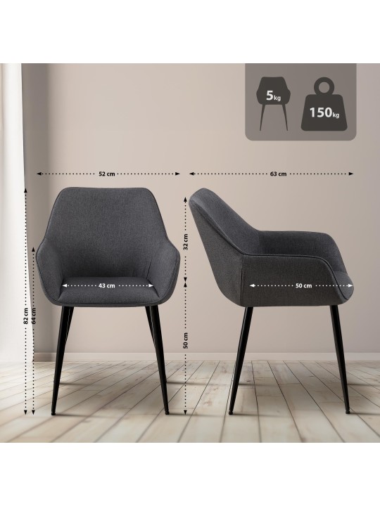 Lot de 2 chaises de salle à manger tissu Vessa, gris foncé