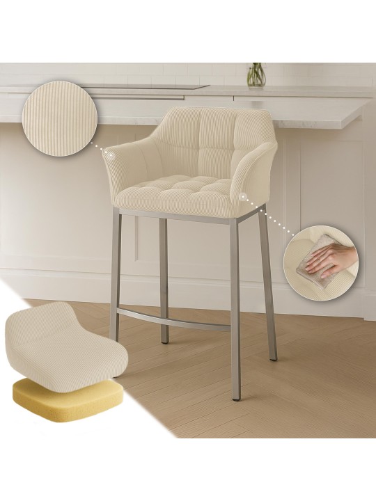Tabouret de bar Damaso E Cord avec structure à 4 pieds, crème