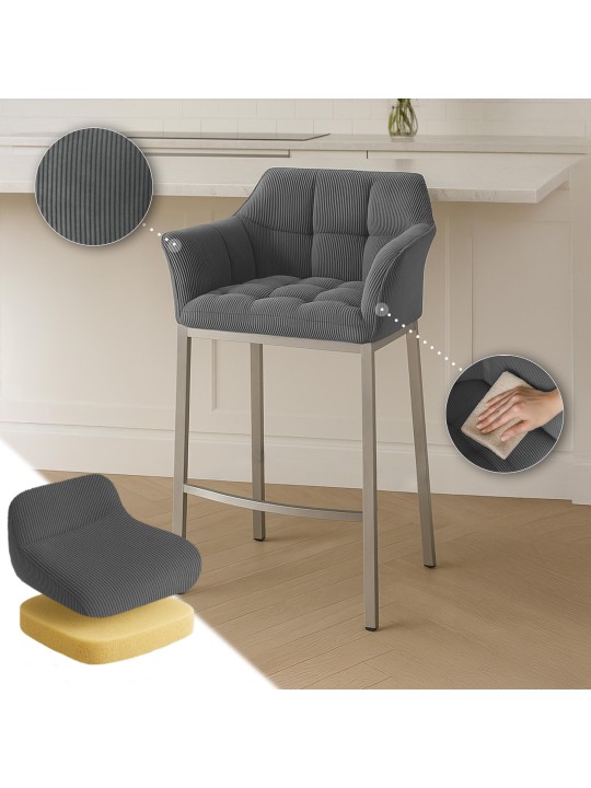 Tabouret de bar Damaso E Cord avec structure à 4 pieds, gris