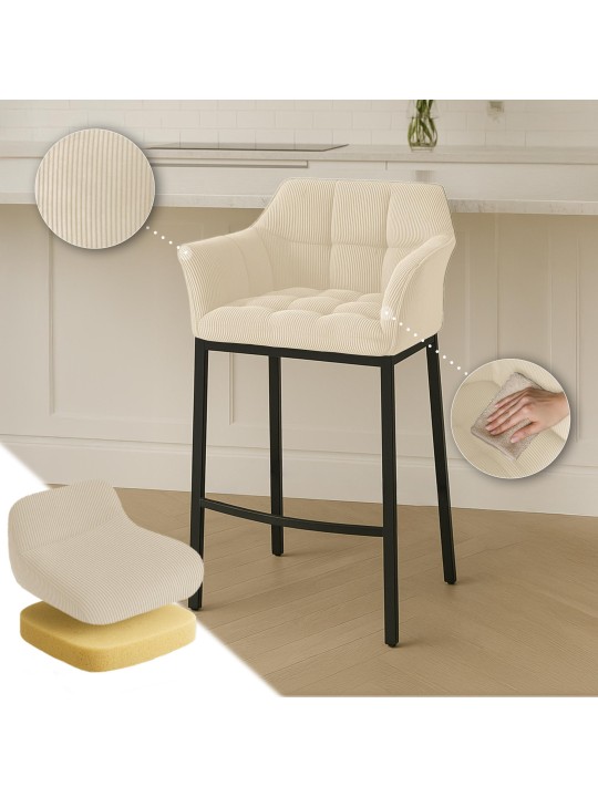 Tabouret de bar Damaso B Cord avec structure à 4 pieds, crème