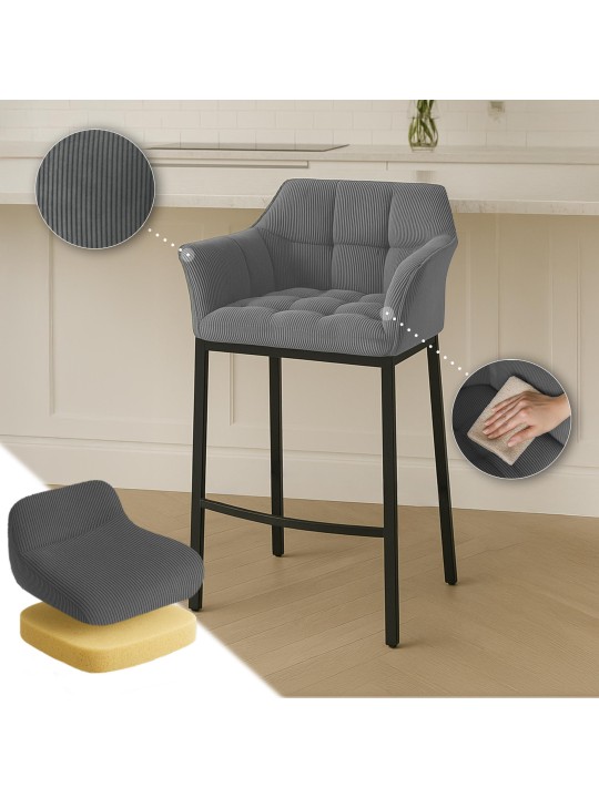 Tabouret de bar Damaso B Cord avec structure à 4 pieds, gris