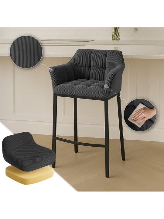 Tabouret de bar Damaso B Cord avec structure à 4 pieds, gris foncé