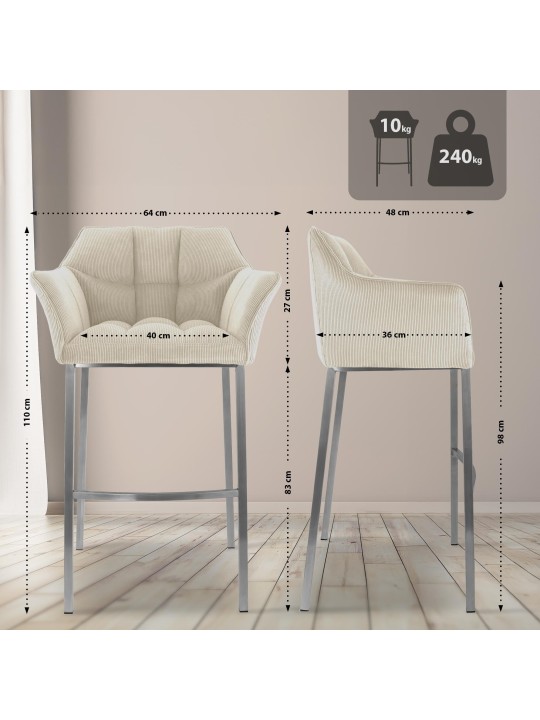 Tabouret de bar Damaso E Cord avec structure à 4 pieds, crème