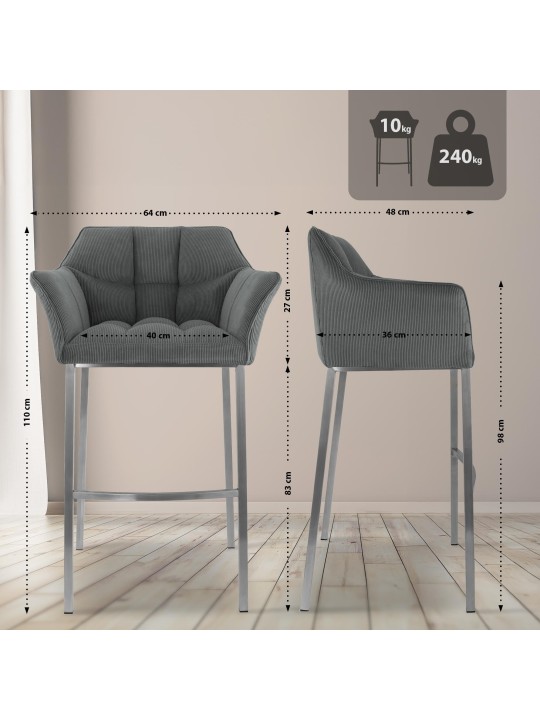 Tabouret de bar Damaso E Cord avec structure à 4 pieds, gris