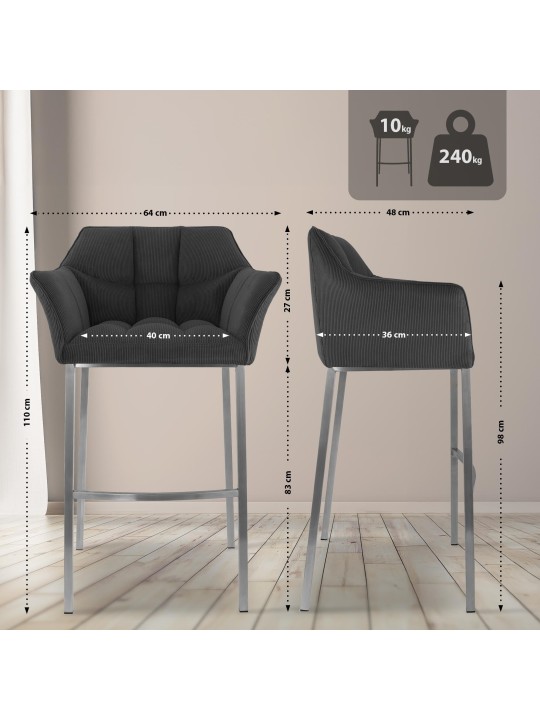 Tabouret de bar Damaso E Cord avec structure à 4 pieds, gris foncé Tabouret de bar Damaso E Cord avec structure à 4 pieds, gris foncé