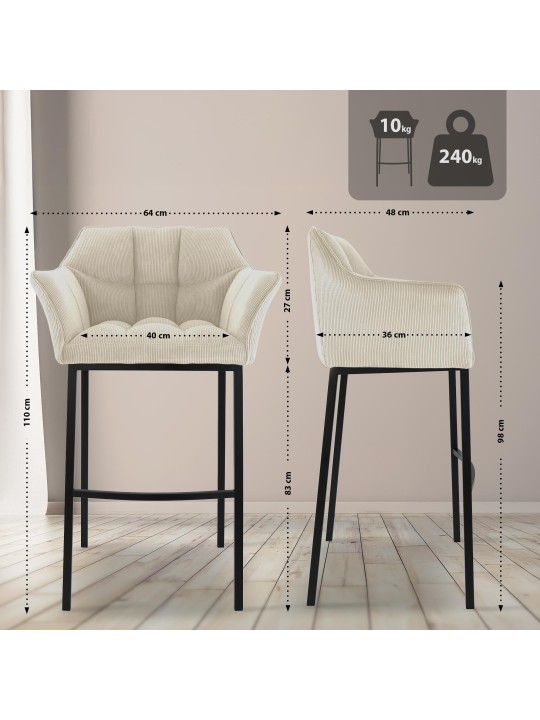 Tabouret de bar Damaso B Cord avec structure à 4 pieds, crème