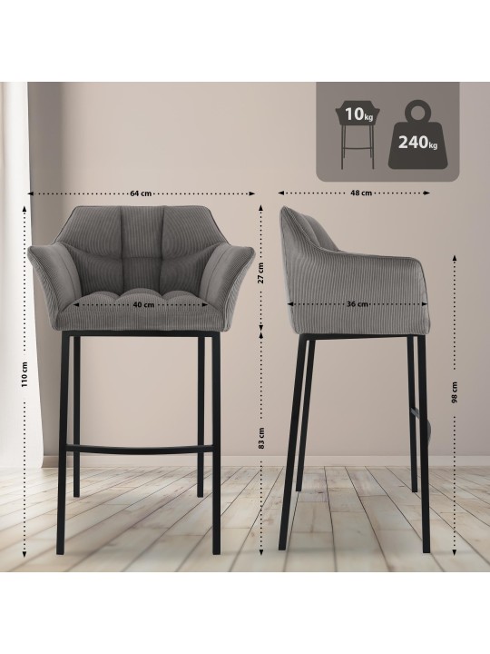 Tabouret de bar Damaso B Cord avec structure à 4 pieds, taupe Tabouret de bar Damaso B Cord avec structure à 4 pieds, taupe