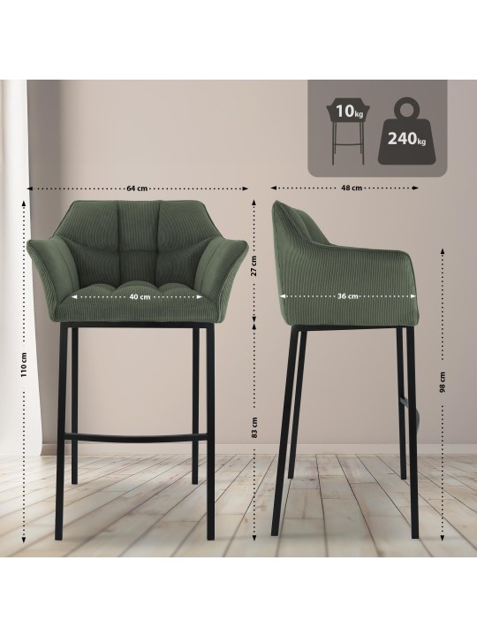 Tabouret de bar Damaso B Cord avec structure à 4 pieds, vert