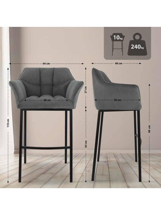 Tabouret de bar Damaso B Cord avec structure à 4 pieds, gris