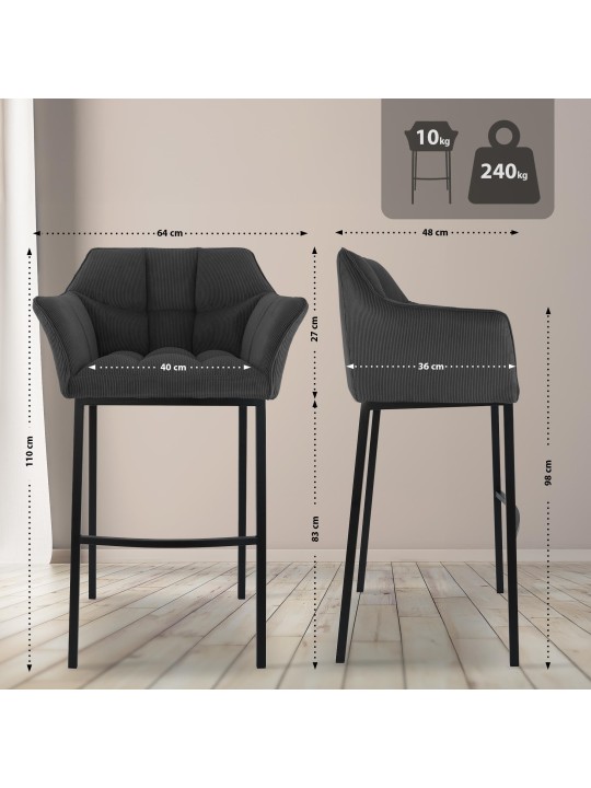 Tabouret de bar Damaso B Cord avec structure à 4 pieds, gris foncé