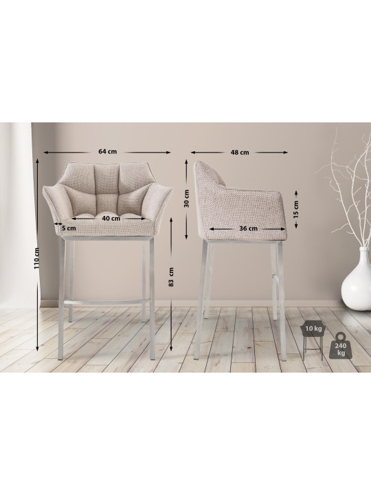 Tabouret de bar Damaso E en tissu avec structure à 4 pieds, ivoire Tabouret de bar Damaso E en tissu avec structure à 4 pieds, ivoire