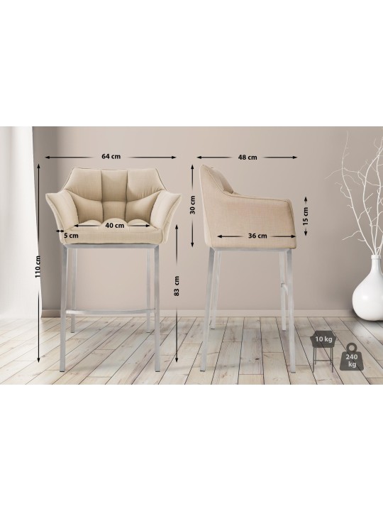Tabouret de bar Damaso E en tissu avec structure à 4 pieds, crème
