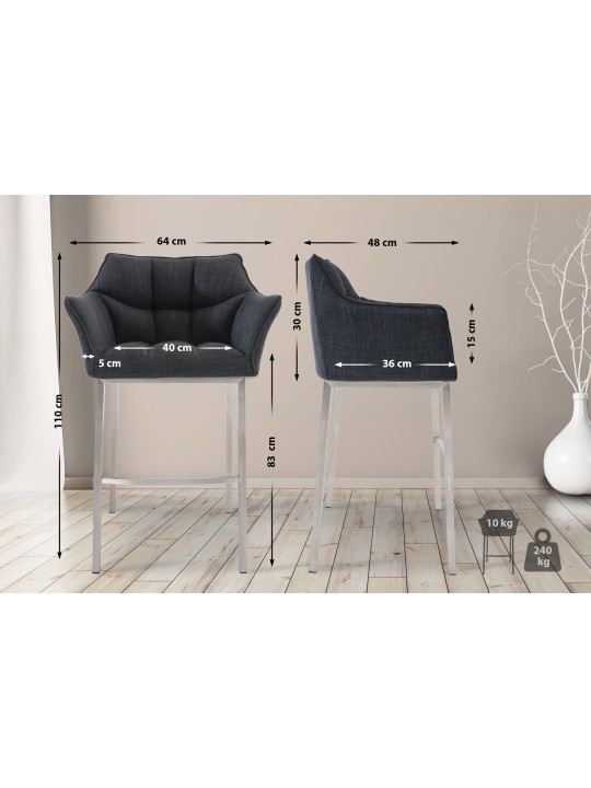 Tabouret de bar Damaso E en tissu avec structure à 4 pieds, gris foncé