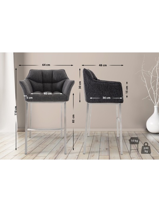 Tabouret de bar Damaso E en tissu avec structure à 4 pieds, gris titane Tabouret de bar Damaso E en tissu avec structure à 4 pieds, gris titane