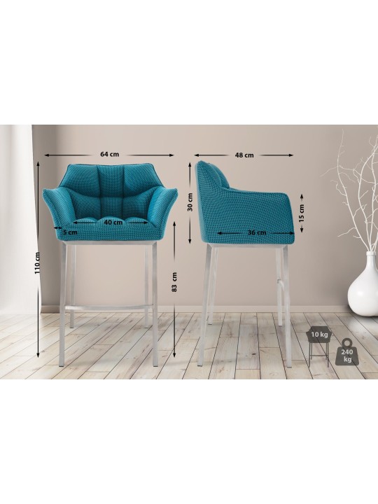 Tabouret de bar Damaso E en tissu avec structure à 4 pieds, turquoise Tabouret de bar Damaso E en tissu avec structure à 4 pieds, turquoise