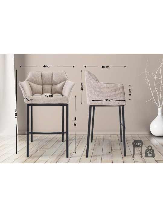 Tabouret de bar Damaso B en tissu avec structure à 4 pieds, ivoire