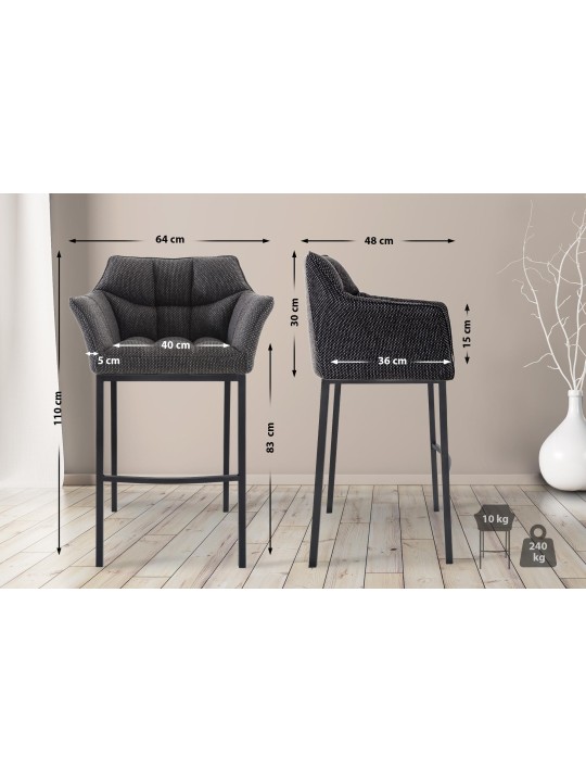 Tabouret de bar Damaso B en tissu avec structure à 4 pieds, gris titane Tabouret de bar Damaso B en tissu avec structure à 4 pieds, gris titane