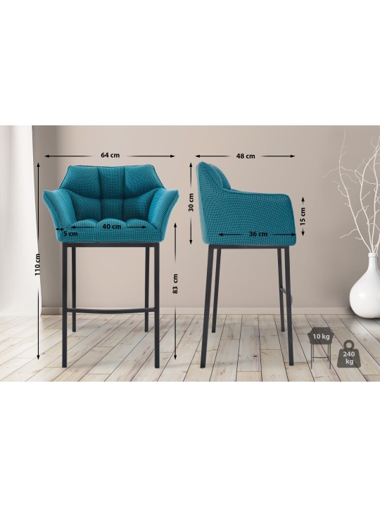 Tabouret de bar Damaso B en tissu avec structure à 4 pieds, turquoise