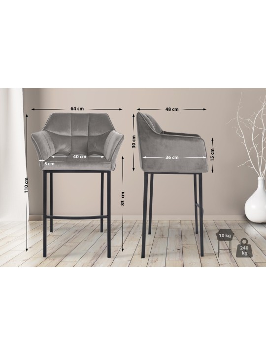 Tabouret de bar Damaso B velours avec structure 4 pieds, gris Tabouret de bar Damaso B velours avec structure 4 pieds, gris