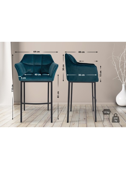 Tabouret de bar Damaso B velours avec structure 4 pieds, vert