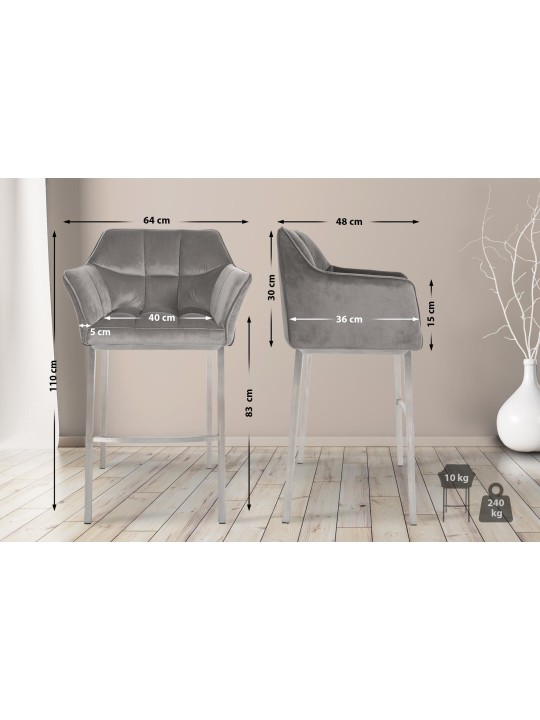 Tabouret de bar Damaso E velours avec structure 4 pieds, gris