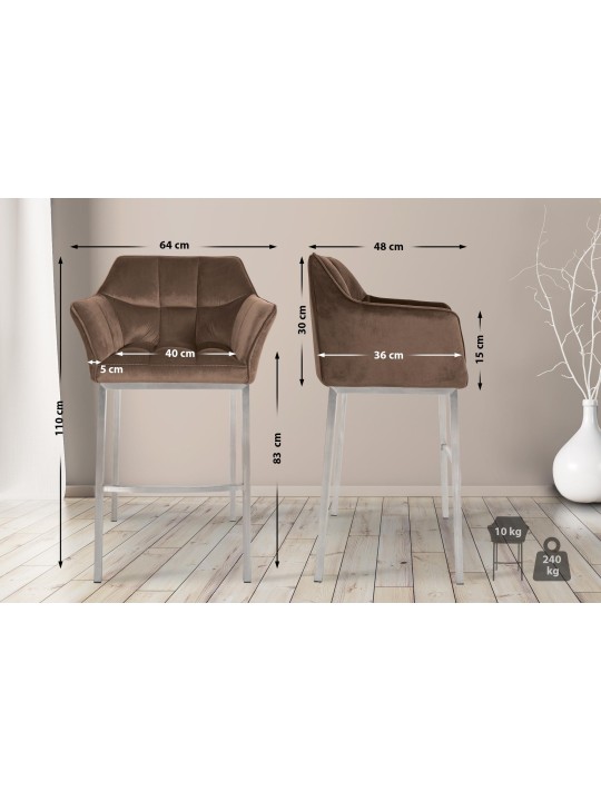 Tabouret de bar Damaso E velours avec structure 4 pieds, brun