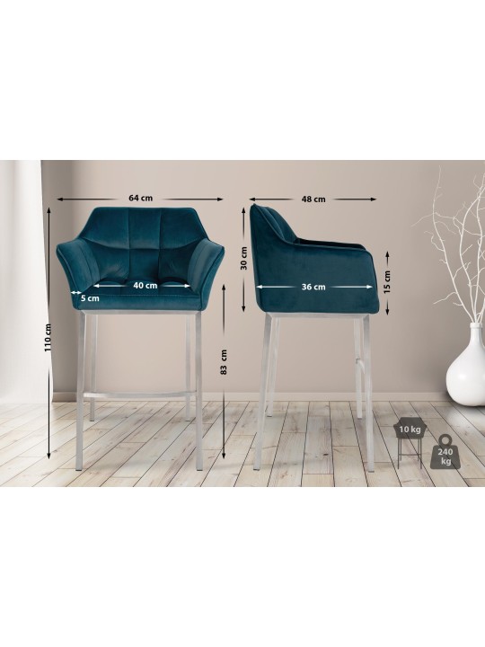 Tabouret de bar Damaso E velours avec structure 4 pieds, vert