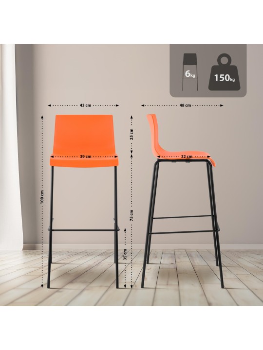 Lot de 2 tabourets de bar Hoover structure 4 pieds en plastique, orange