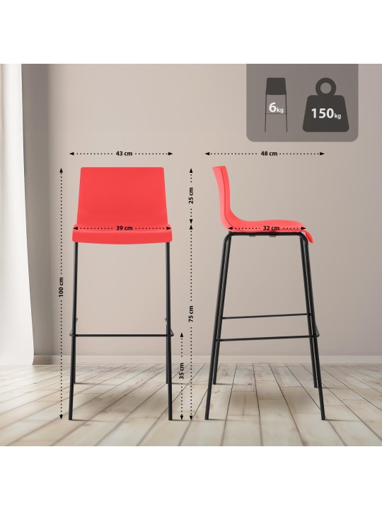 Lot de 2 tabourets de bar Hoover structure 4 pieds en plastique, rouge