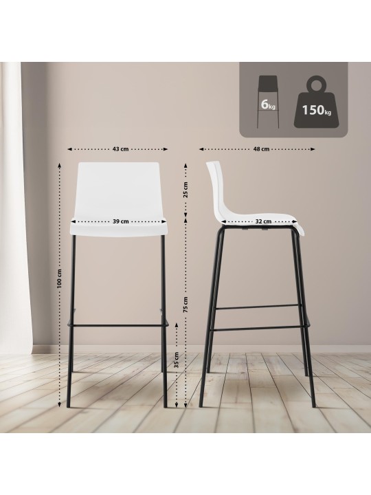Lot de 2 tabourets de bar Hoover structure 4 pieds en plastique, blanc