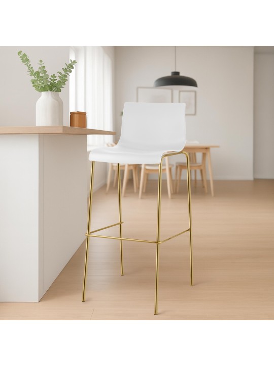 Ensemble de 2 tabourets de bar Hoover plastique 4 pieds doré, blanc