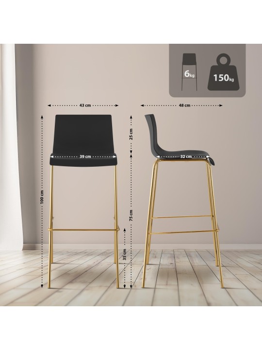 Ensemble de 2 tabourets de bar Hoover plastique 4 pieds doré, noir
