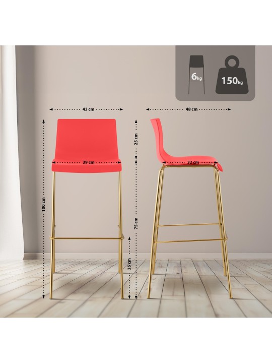 Tabouret de bar Hoover plastique 4 pieds or, rouge