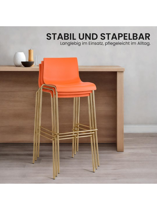 Ensemble de 2 tabourets de bar Hoover plastique 4 pieds doré, orange