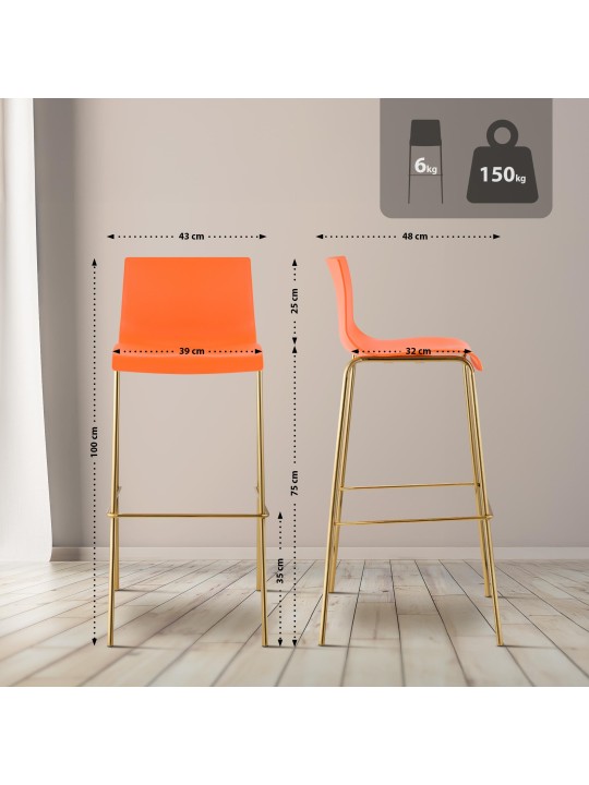Ensemble de 2 tabourets de bar Hoover plastique 4 pieds doré, orange