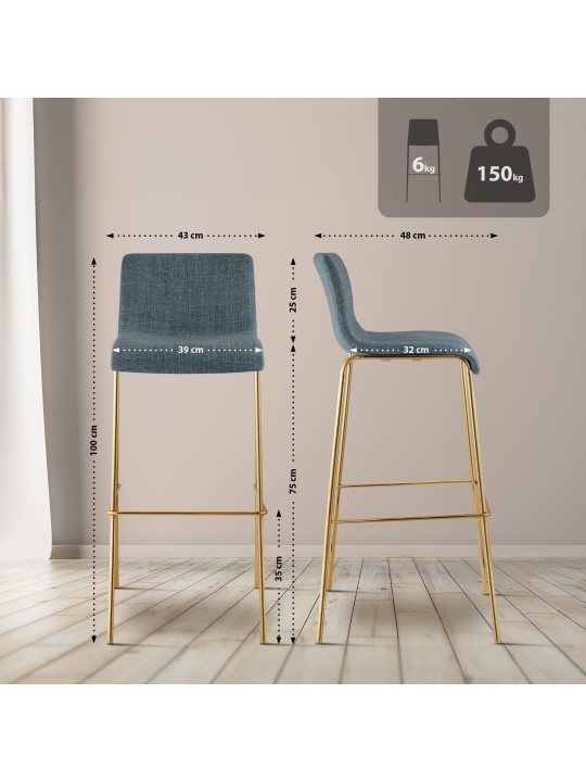 Tabouret de bar Hoover en tissu 4 pieds doré, bleu