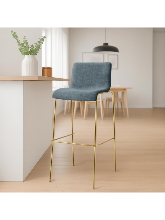 Tabouret de bar Hoover en tissu 4 pieds doré, bleu