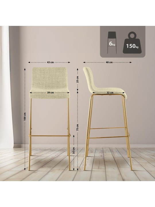 Tabouret de bar Hoover en tissu 4 pieds doré, crème