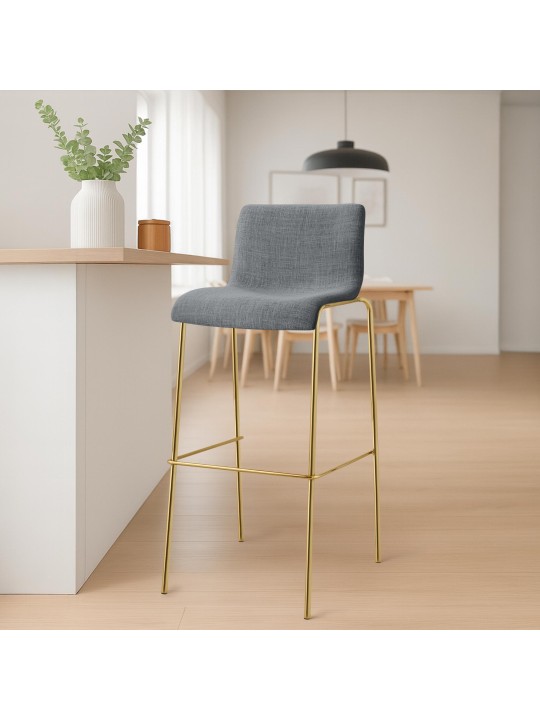 Tabouret de bar Hoover en tissu 4 pieds doré, gris clair